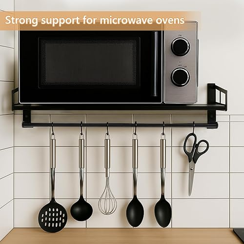 Miniatura 5 de Soporte de pared para microondas, estante de horno de 23.5 x 15 pulgadas con riel de gancho, soporte de encimera de acero al carbono negro para