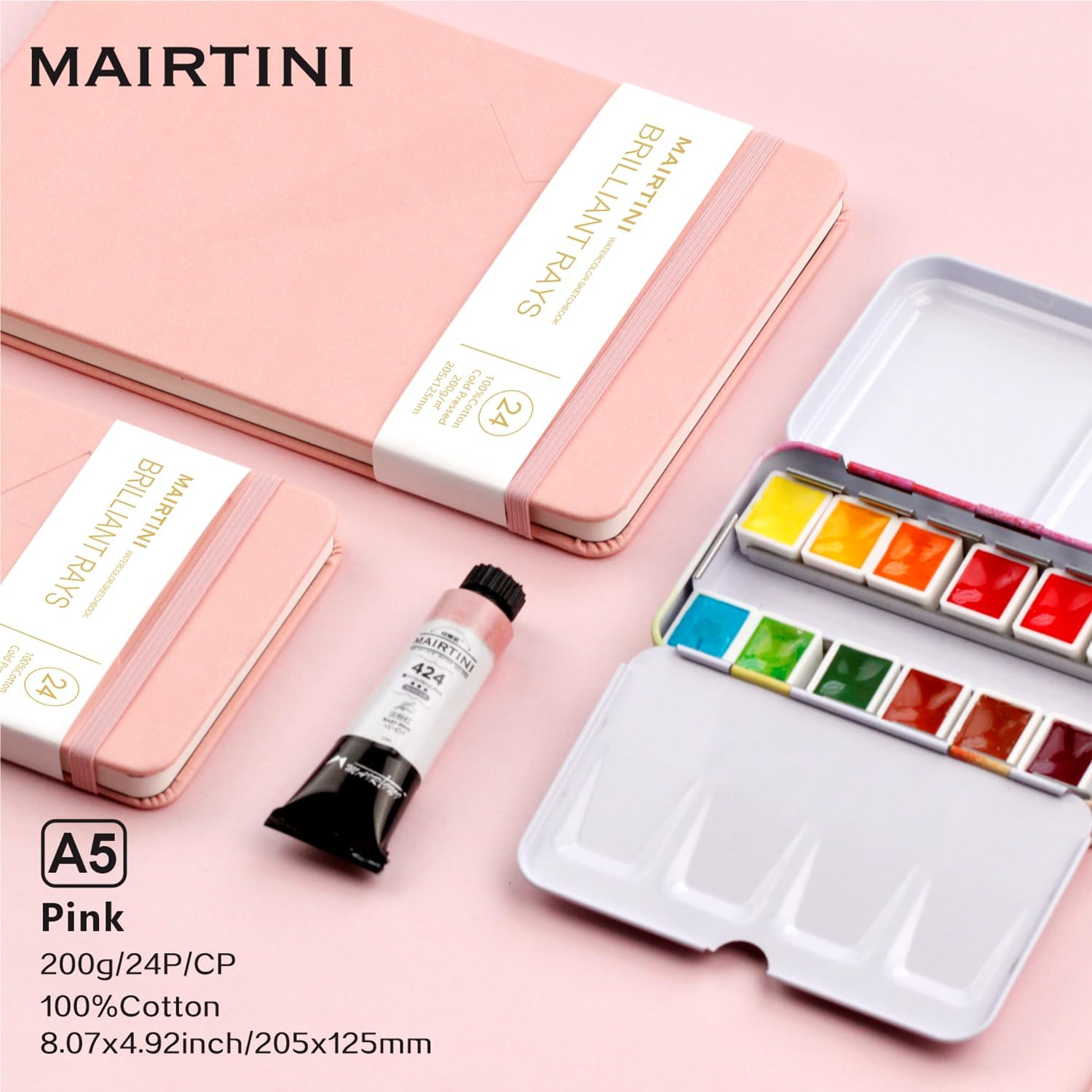 Mairtini Academy Grade Brilliant Series Pure Cotton Portable Watercolor Journal 200g Watercolor Pad 24 Sheets A5(Pink)