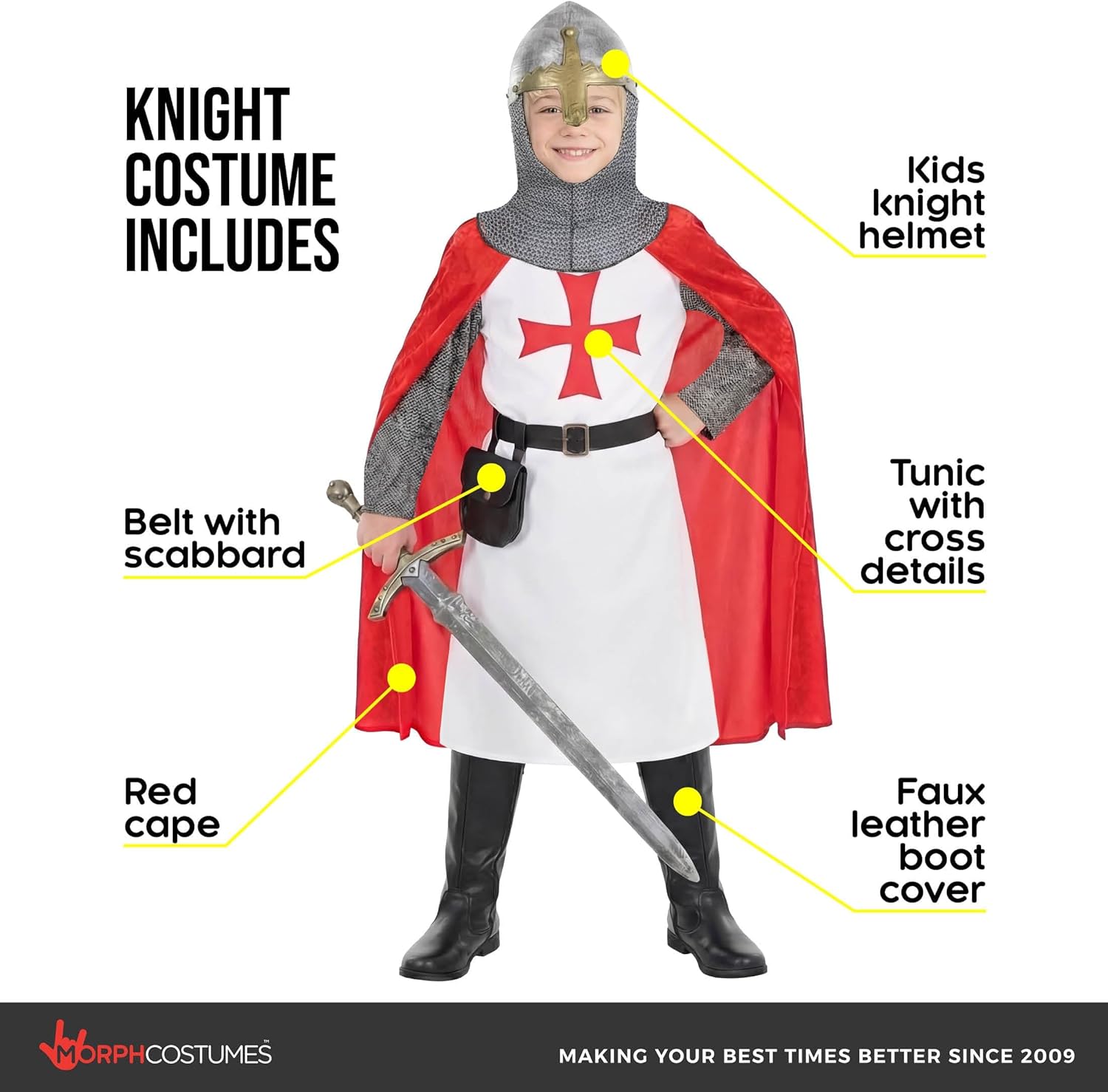 Morph Crusader Costume Kids with Kids Knight Helmet, Medieval Knight Costume Boys, Book Characters Costumes For Kid