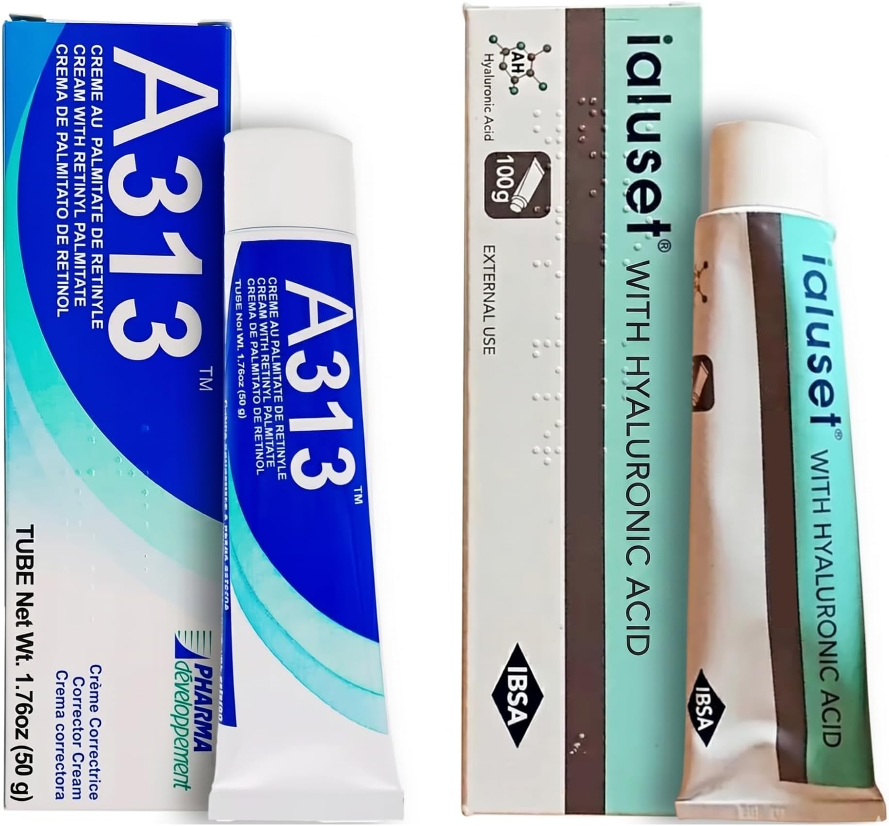 A313 Retinol Cream + Ialuset Hyaluronic Acid Cream Bundle โ French Pharmacy Anti-Aging Skincare Duo for Wrinkles, Hydration, Collagen Support, Acne, and Radiant Skin โ Vitamin A & HA Night Cream Set