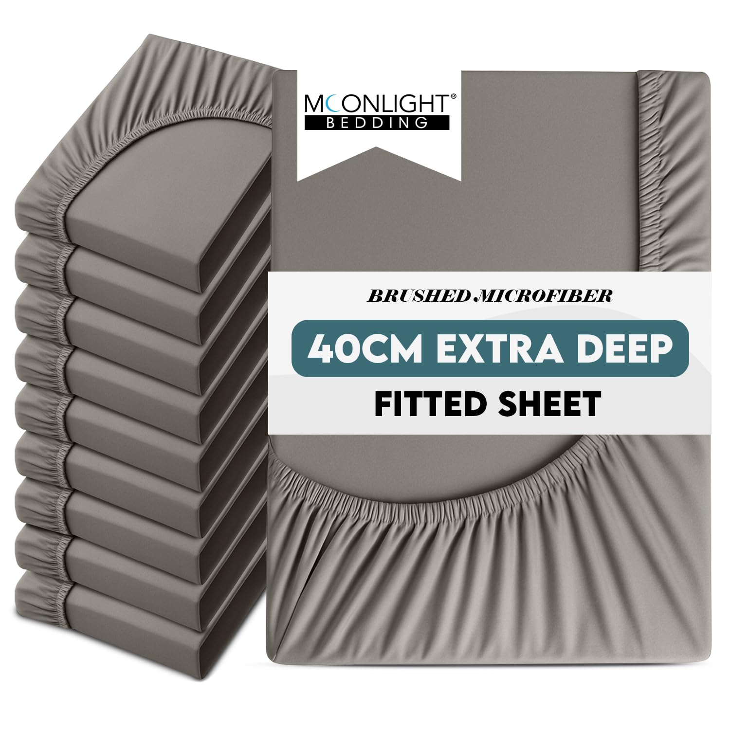 Moonlight Bedding Single Fitted Sheet Deep Fit 40CM 10 Pack Grey Bed Sheet with Elastic Corners 16 Inch Extra Pocket Brushed Microfiber Easy Care Breathable Shrinkage Fade-Resistant