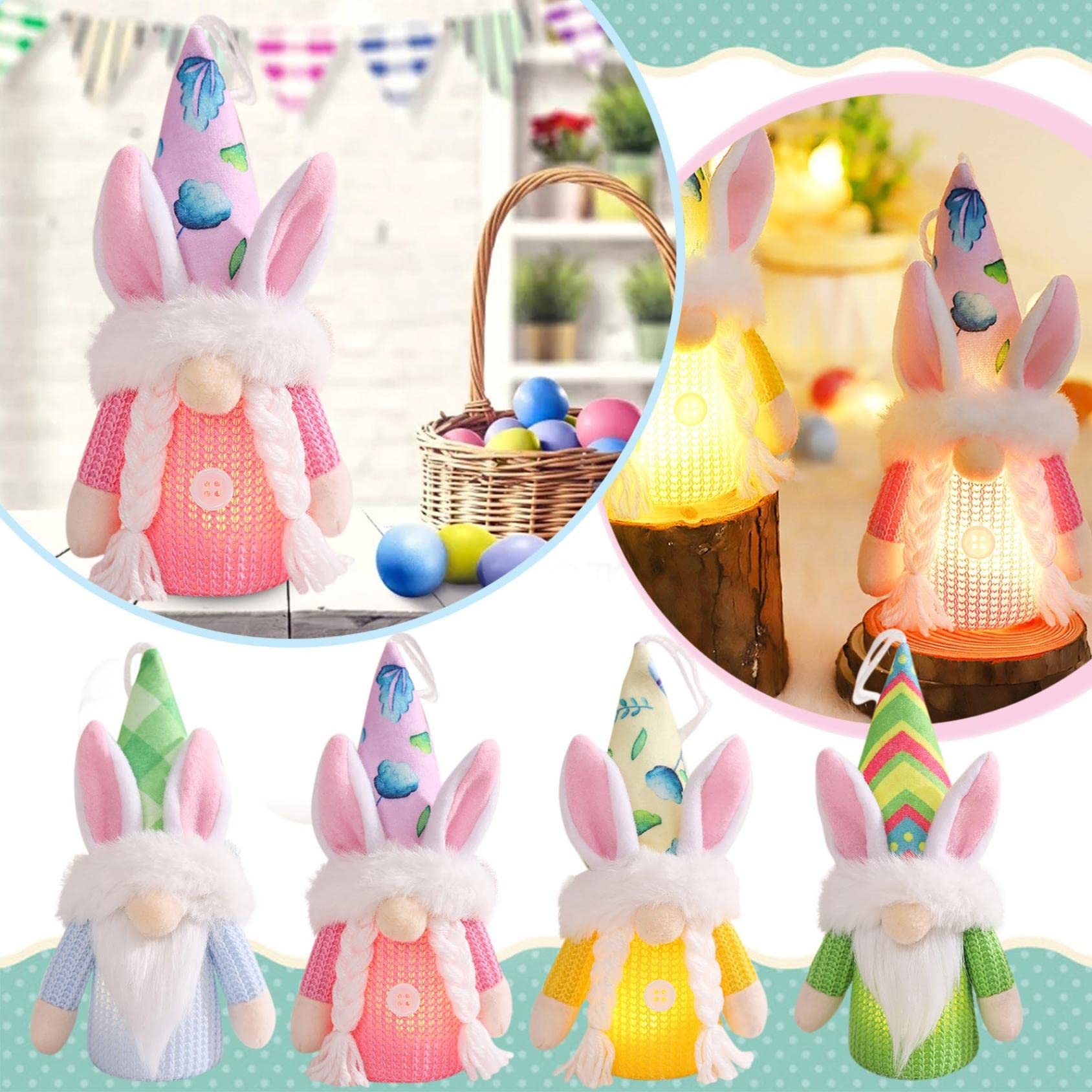 Malbaba Light Up Easter Gnome Decorations, 3 Pack Lighted Easter Plush Gnomes Ornament with Bunny Ears, Pre-Lit Nordic Swedish Nisse Elf Dwarf Household Ornament for Spring Easter Gift Decor