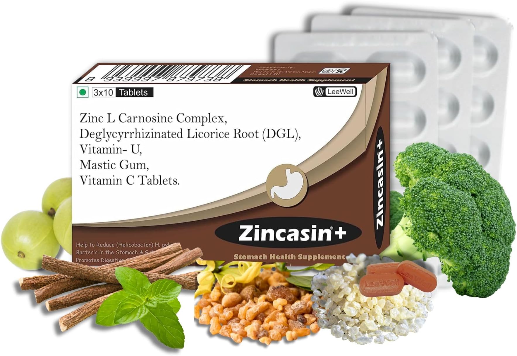 Zincasin +Plus Advanced Leaky Gut Health, Stomach Ulcer, Digestive Tract Aid | Zinc L-Carnosine, DGL Licorice Root Extract, Mastic Gum, Vitamin U & C - 30 Tablets LeeWell Pharma