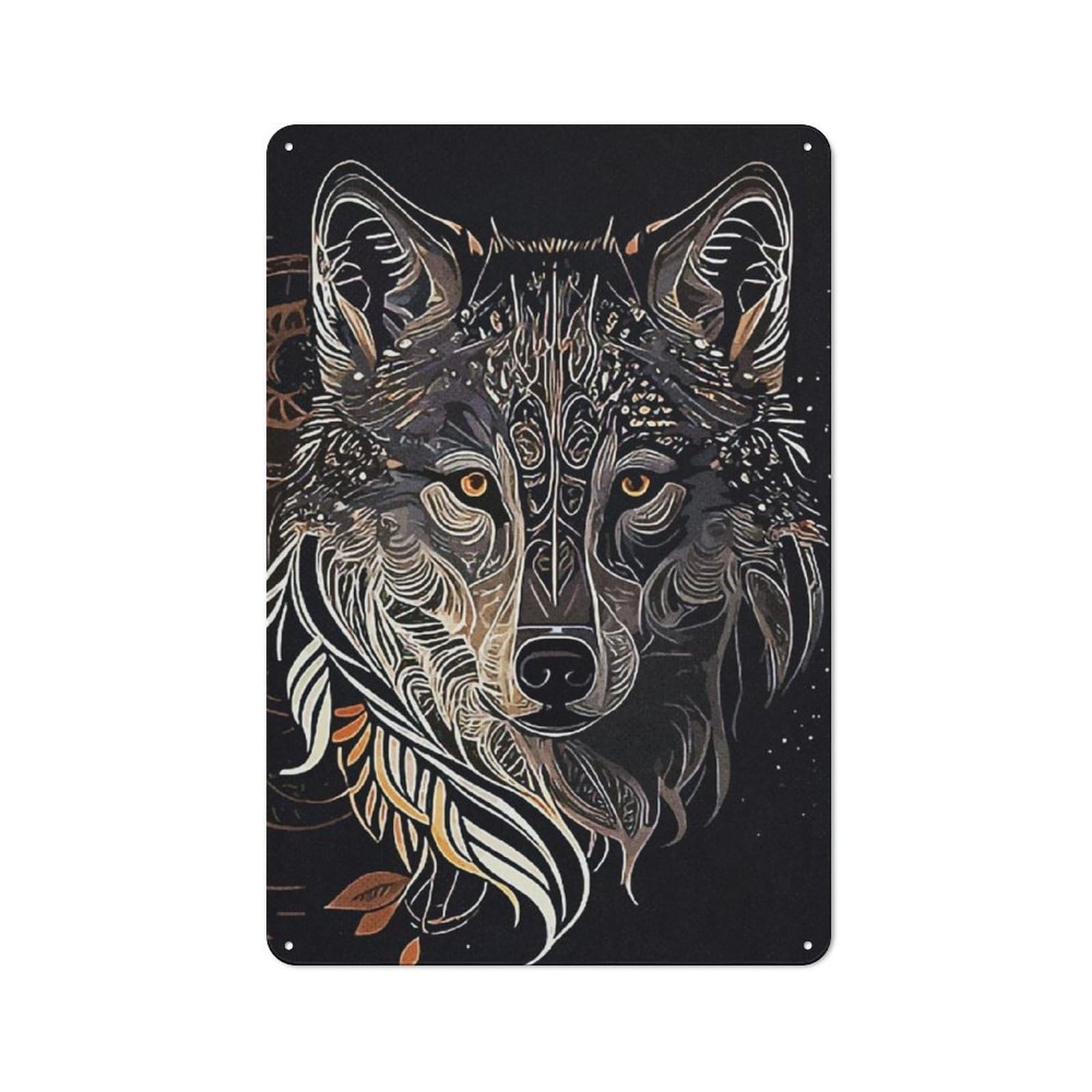Junmoney Wolf Art 2 Metal Plaque 30X20cm With For Garage Wall, Retro Decor, For Themed Interiors In Garages And Workshops