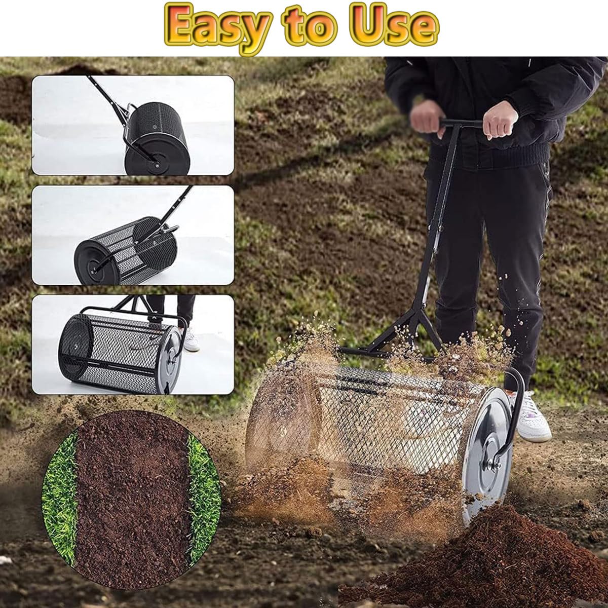 Spandiconcime per Prato e Giardino, Rullo in Ferro Resistente Largo 30/40 cm e Maniglia a T Regolabile - Spandiconcime per spargere Torba, fertilizzanti e Semi, 30 cm