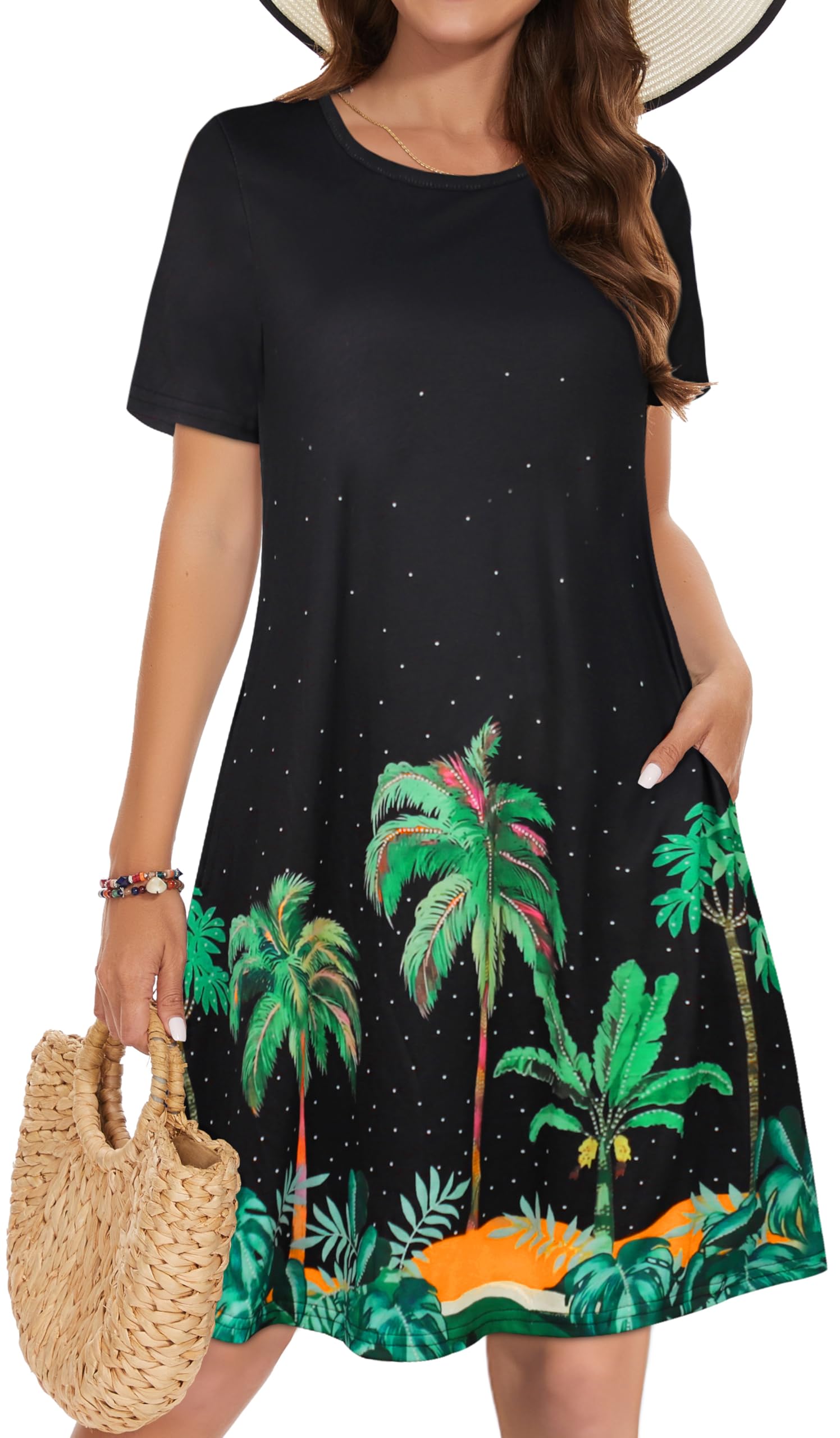 Summer Dresses for Women Casual Tshirt Short Sleeve Floral Sundress Beach Cover Ups with Pockets