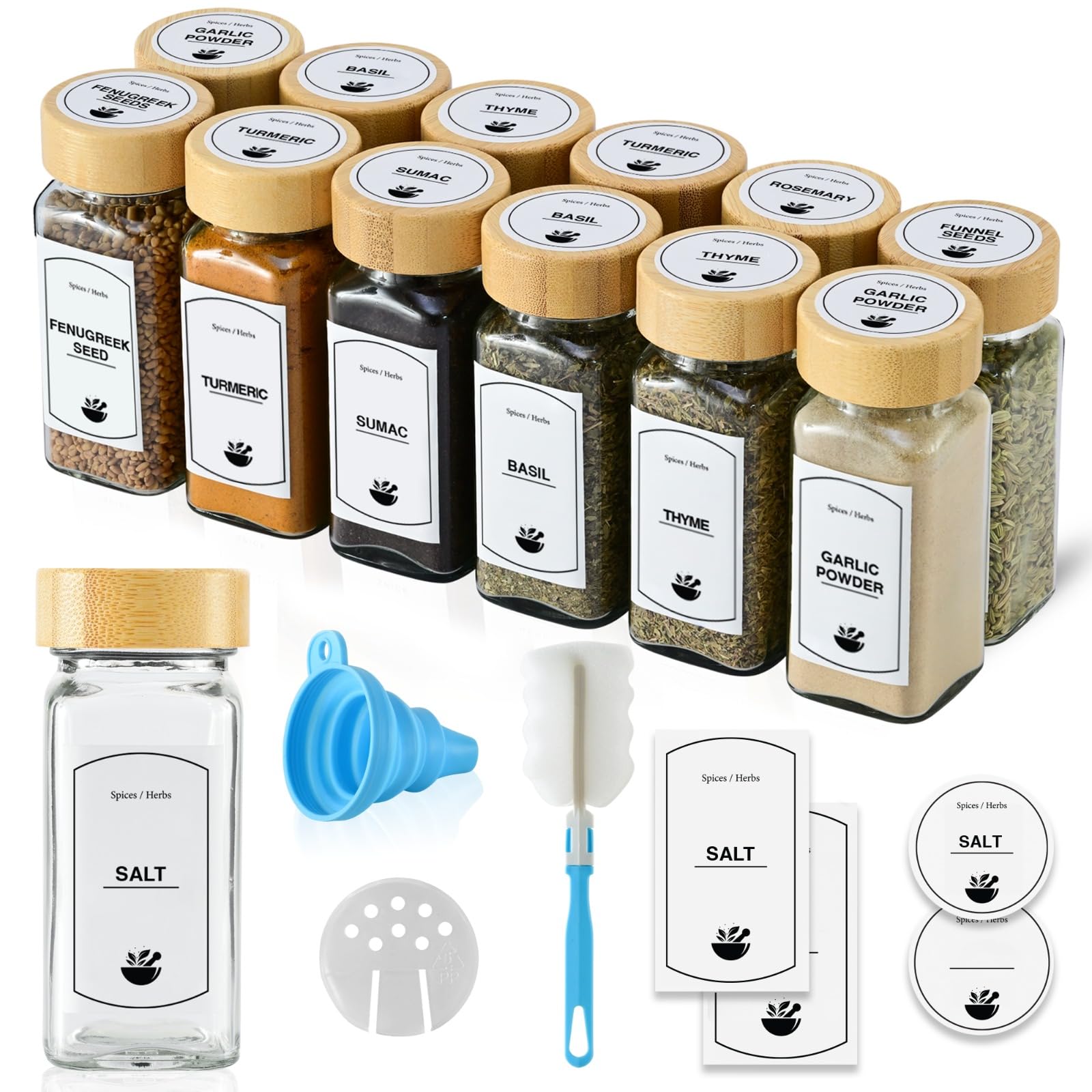 ToughHub Glass Spices Jars 12 pcs with Bamboo Lids - 4 Oz Airtight Spice Containers with Shaker Lids, 96 Pre-Printed English Labels, Silicone Funnel & Cleaning Brush-Spice Bottles for Home Kitchen