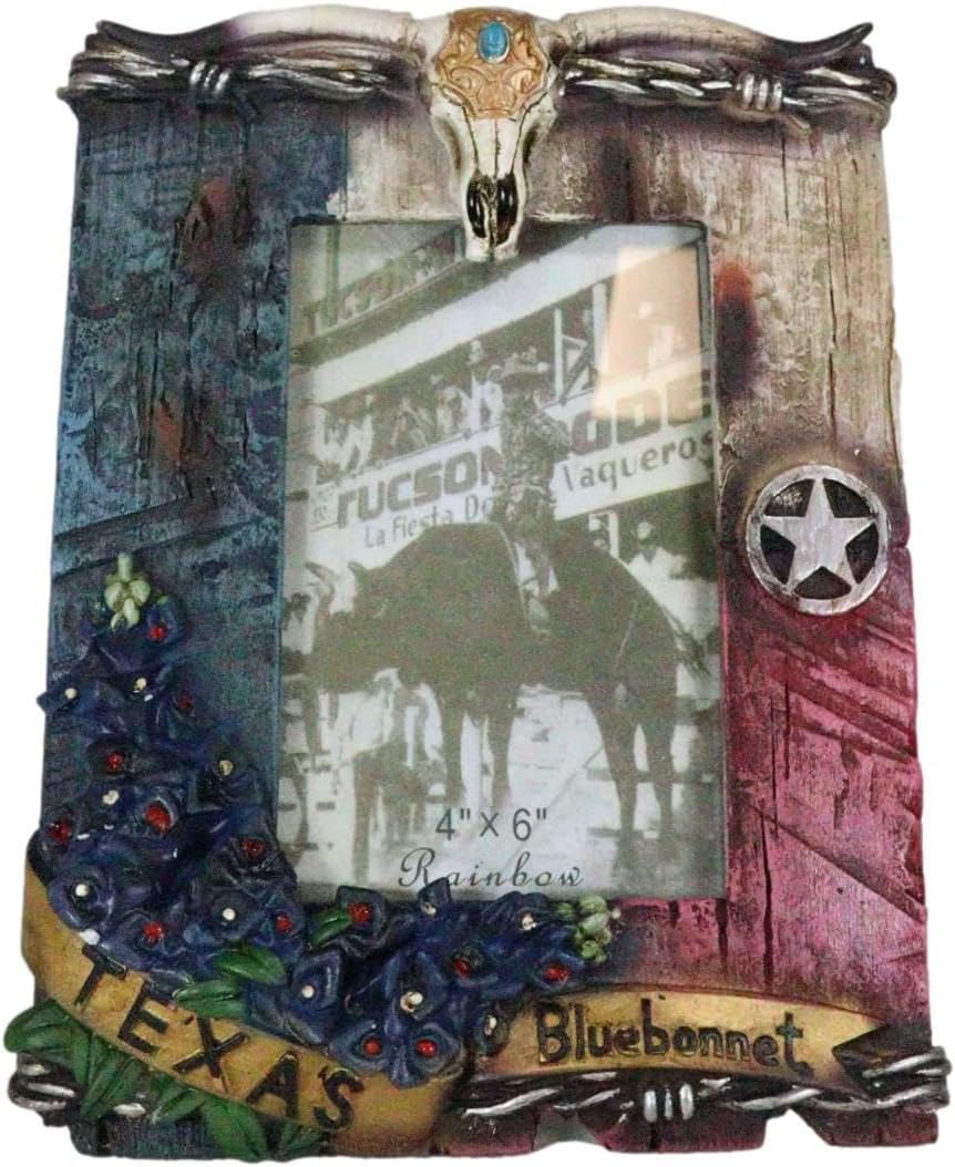 Ebros Gift Rustic Western Country Lone Star Patriotic Texas Bluebonnets Garland Longhorn Cow Skull Faux Wood 4X6 Picture Photo Frame With Easel Back Stand Or Wall Hanger Desert Old World Accent