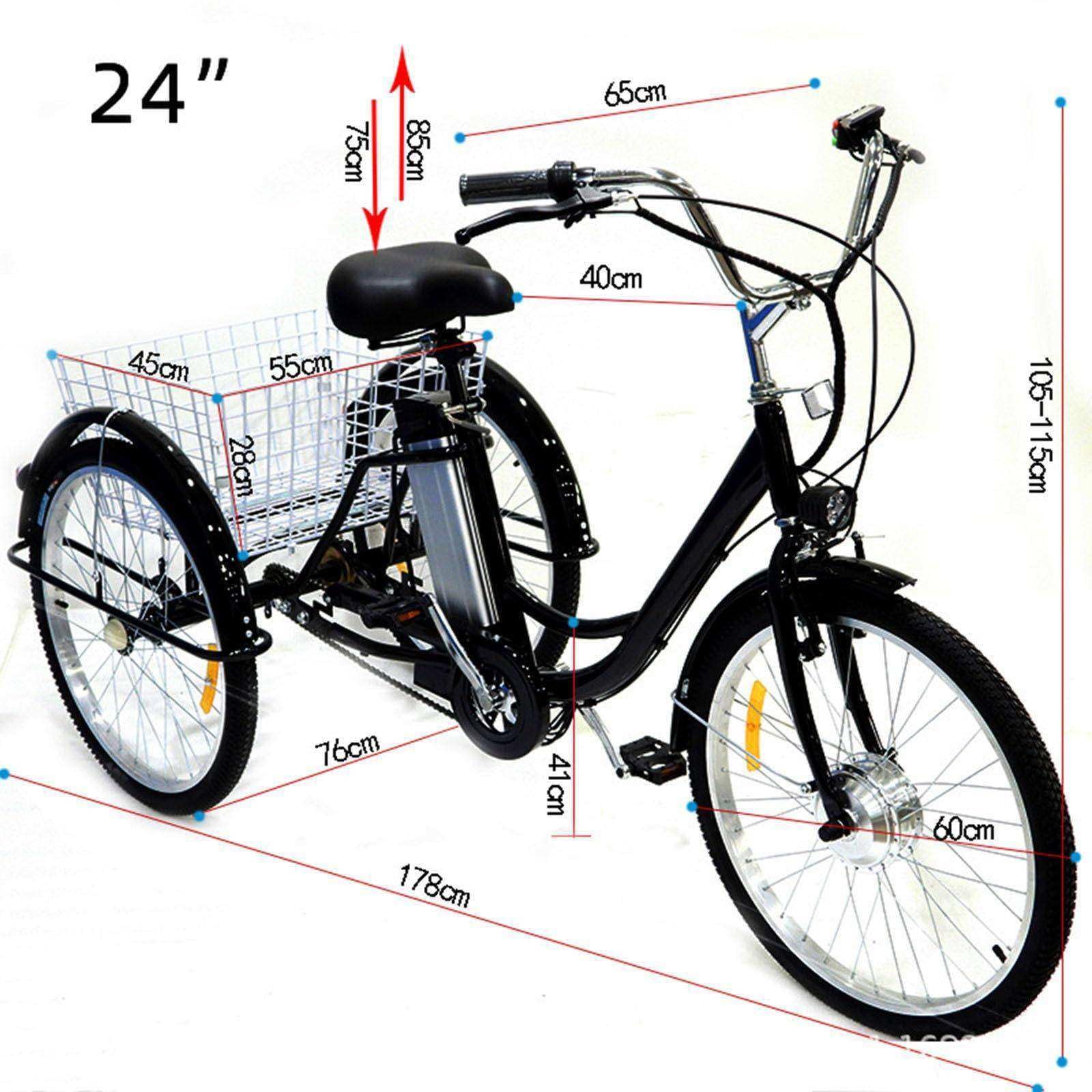 Triciclo elettrico per adulti con motore da 350 W, batteria rimovibile, portata massima di 150 kg, cestino e seggiolino per bambini, ideale per shopping e picnic.