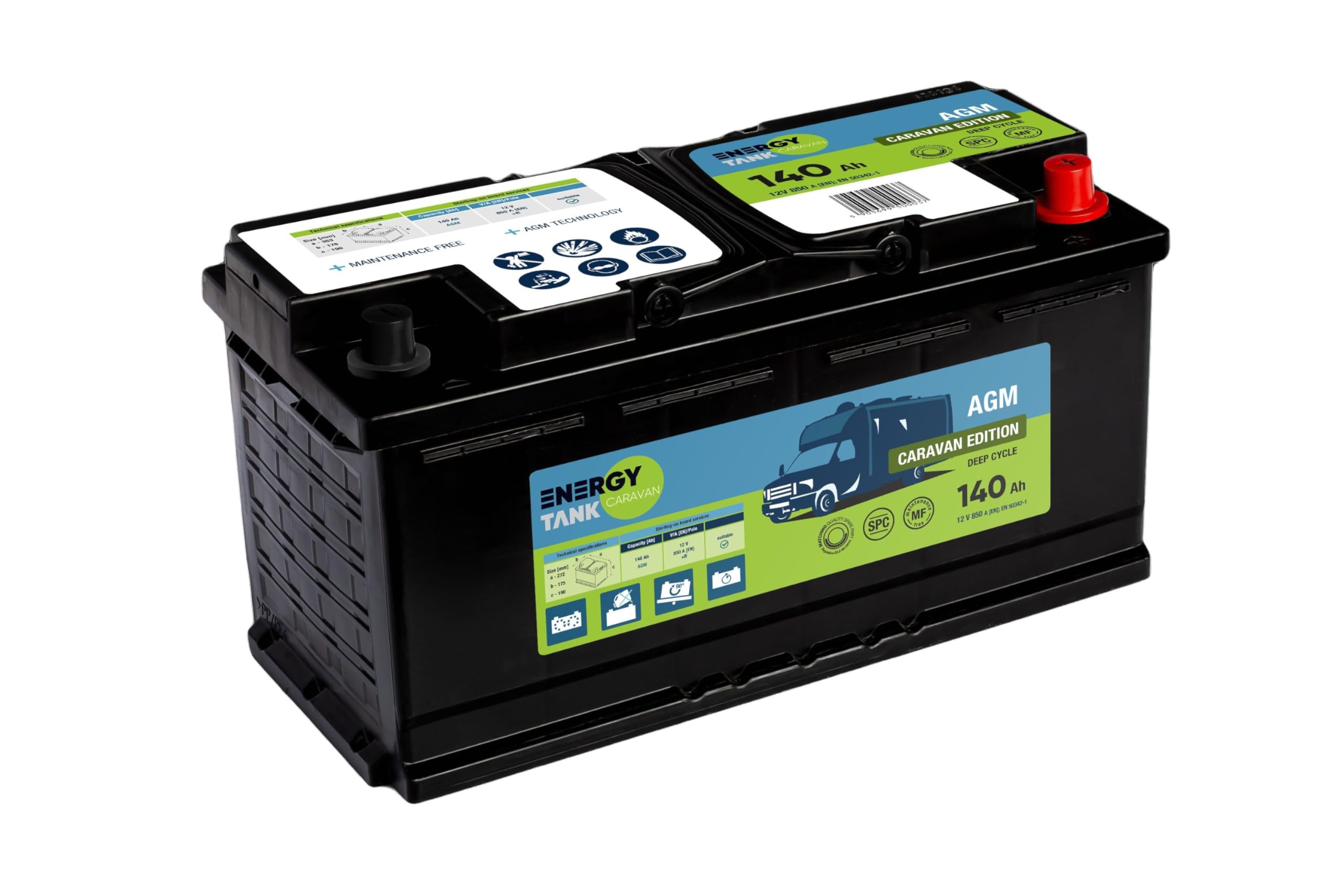 Batterie 12V AGM 140Ah Décharge Lente – Batterie Camping-Car, Bateau et Voiture – Sans Entretien, Protégée Contre les Vibrations et les Chocs