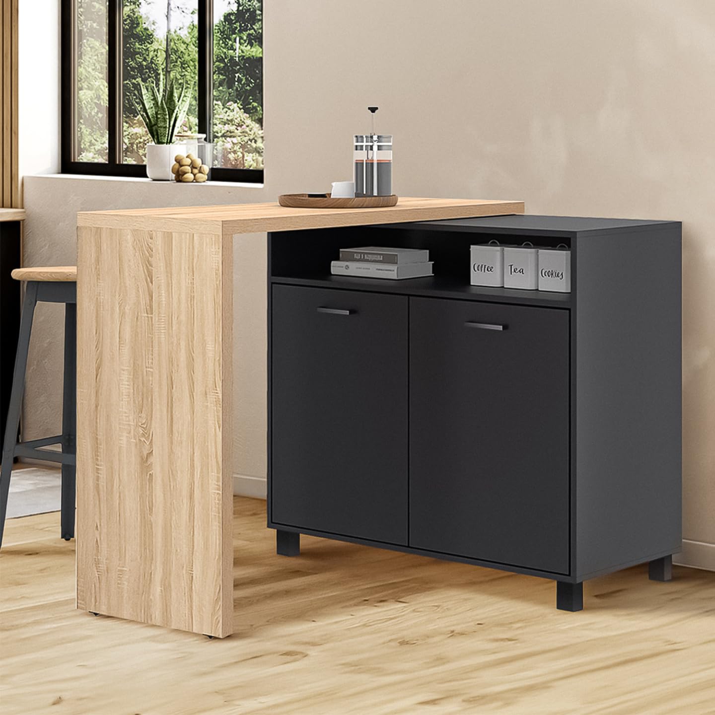 IDMarket - Ilot Rotatif CINA Meuble de Bar pivotant 2 en 1 Imitation hêtre et Noir