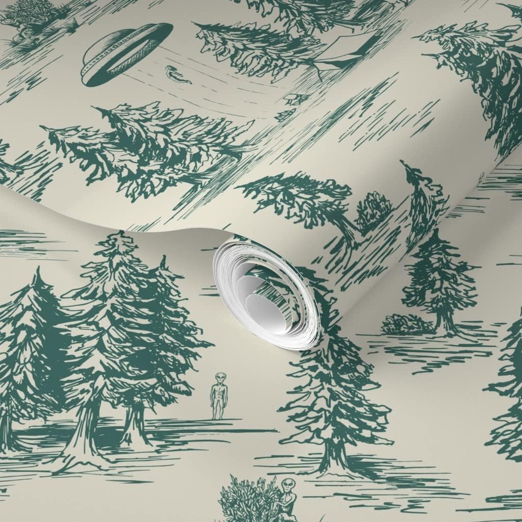 Spoonflower Removable Wallpaper 3ft x 2ft - UFO Alien Abduction Teal Novelty Funny Toile Small Scale Custom Pre-Pasted Wallpaper