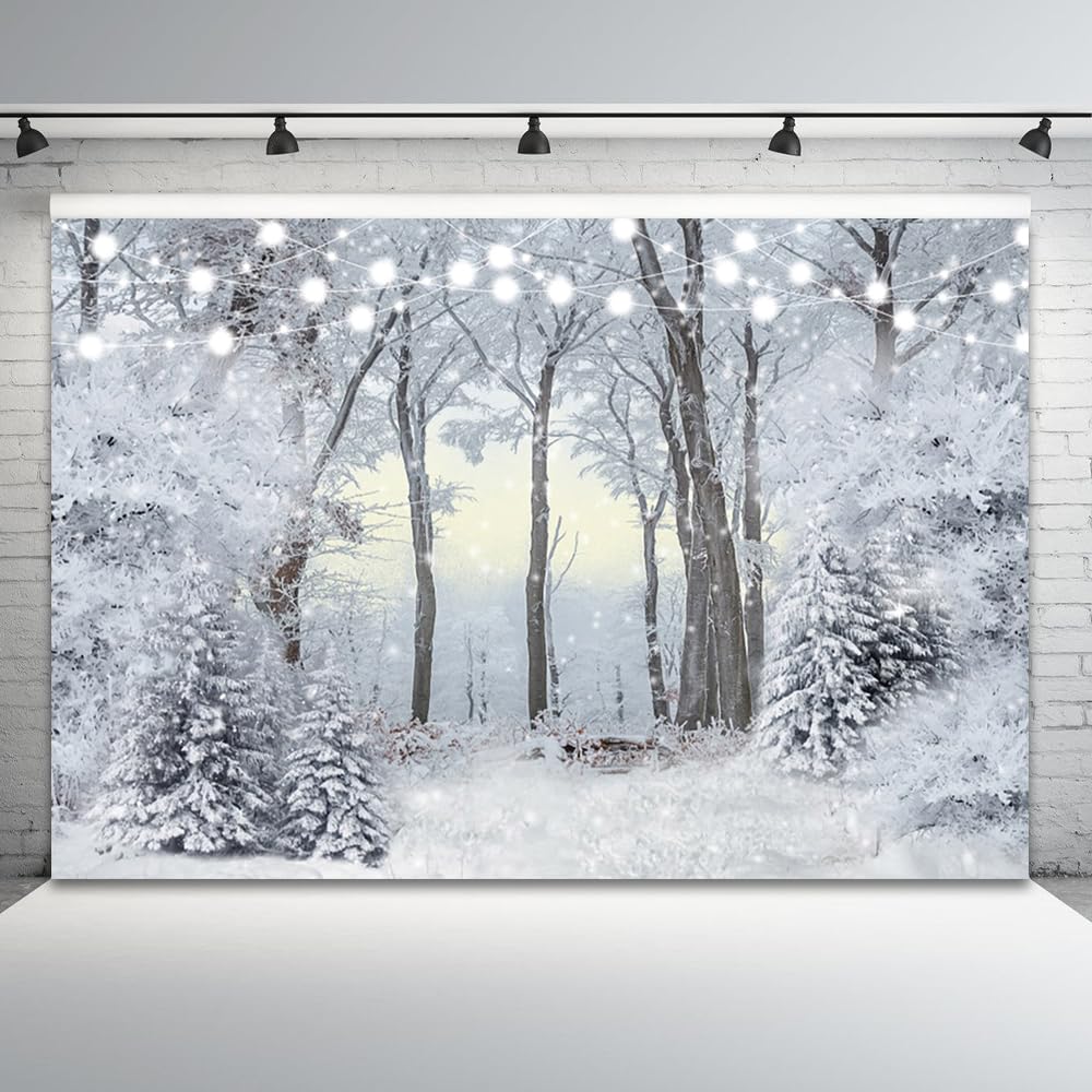 Toile de fond de Noël paysage enneigé pour photographie, fond blanc, sapin enneigé, flocon de neige, bannière à paillettes, décoration de Noël, Nouvel An, vacances, fête, accessoire de
