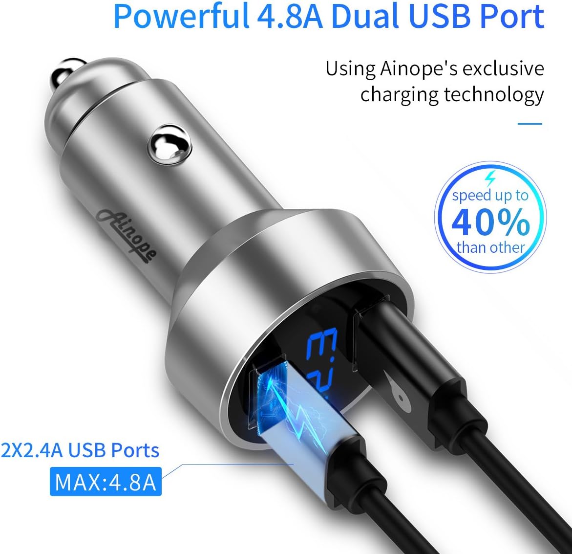 AINOPE USB 12V Car Adapter, Cigarette Lighter Voltage Meter 4.8A All Metal Dual Port USB LED Display Car Flush Fit Car Charger Compatible for iPhone X/XS MAX/XR,iPad Mini 3,Galaxy Note 9/S9/S8-Silver