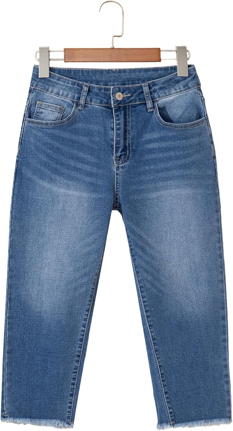 Sidefeel Women's Capri Jeans High Waisted 2026 Summer Fashion Straight Leg Raw Hem Denim Capri Pants - Image 7