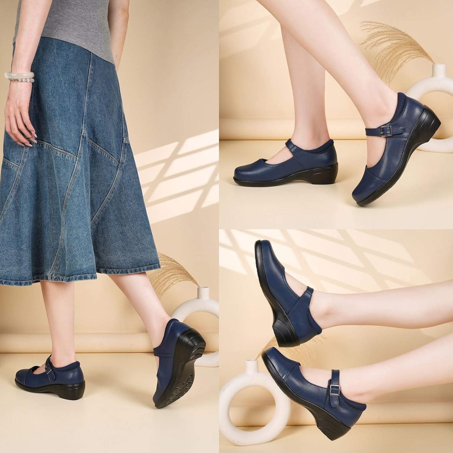 Womens Mary Jane Shoes with Arch Support Leather Round Toe Classics Ankle Strap Loafers Comfort Dress Shoes - Image 2