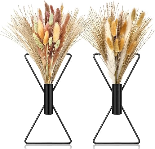 Miniatura 7 de Peryiter 2 macetas colgantes de pared bohemias pequeñas con pampas artificiales montadas en la pared de metal, decoración moderna dorada para