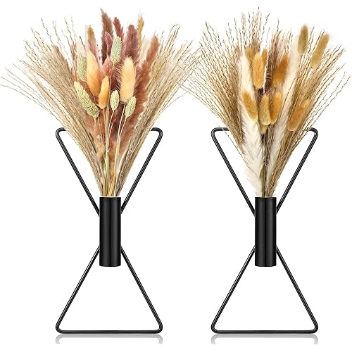 Peryiter 2 Pcs Boho Wall Decor Metal Wall Art x Shaped Hanging Planters with Artificial Pampas Modern Home Decor for Bedroom Bathroom Living Room(Black)