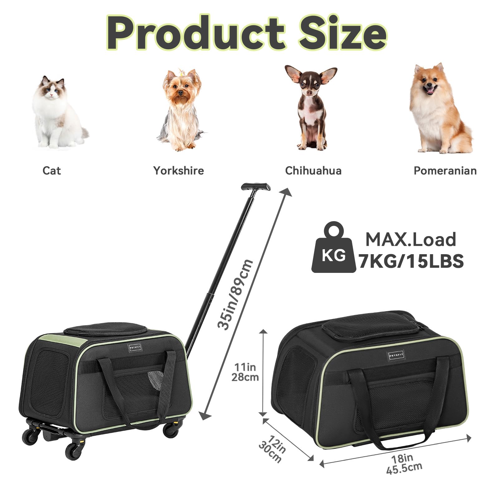Petsfit Cat Carrier with Wheels Airline Approved, Pet Dog Carrier with Wheels for Small Dogs, Rolling Cat Carrier for Cats Puppy Stroller Detachable and Foldable Pet Travel Bag, Black&Green - image 2