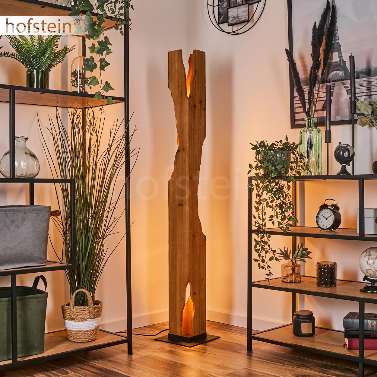 HOFSTEIN Stehleuchte Sernadelo, moderne Stehleuchte aus Metall/Bambus in Schwarz/Naturfarben, geschwungene Leuchte im Boho-Style mit Fußschalter am Kabel, Höhe 141 cm, 4 x E27, ohne Leuchtmittel