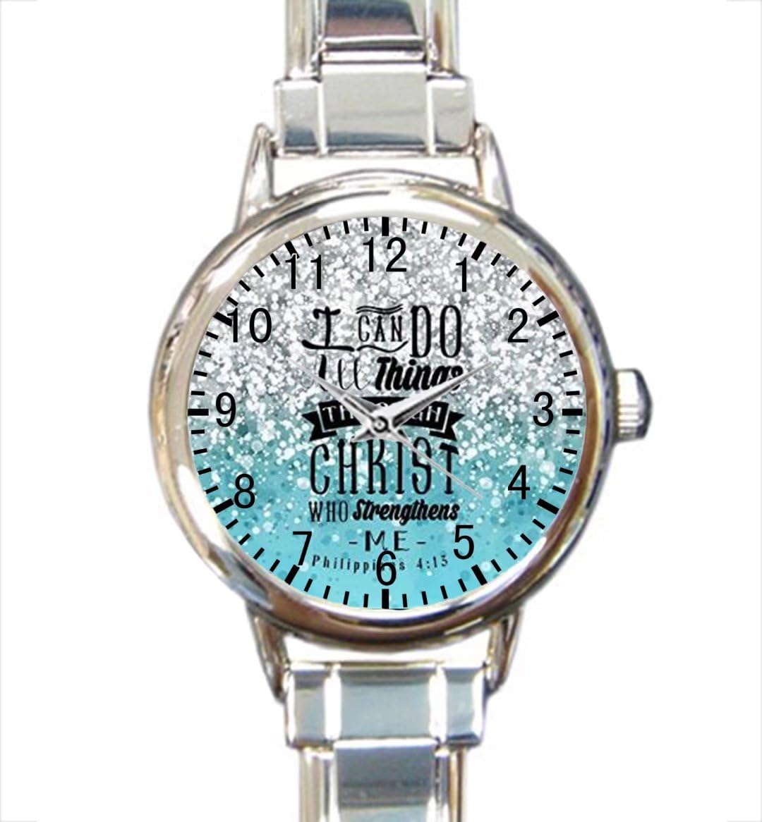 Bible Verse Blue Sparkles Glitter Custom Womens Round Charm Bracelet Wrist Watch