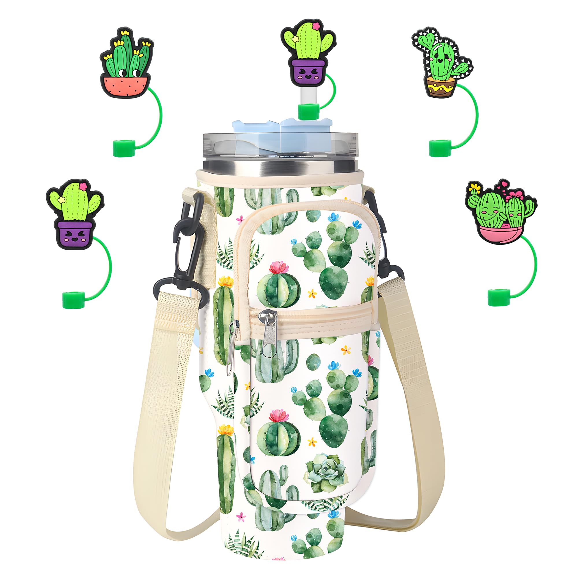 Denlei Stanley Cup Bag, Cup Holder for Stanley 30oz/40oz Tumbler with Handle, Stanley Carrier Bag with 4Pcs Cute Straw Topper for Stanley Cup