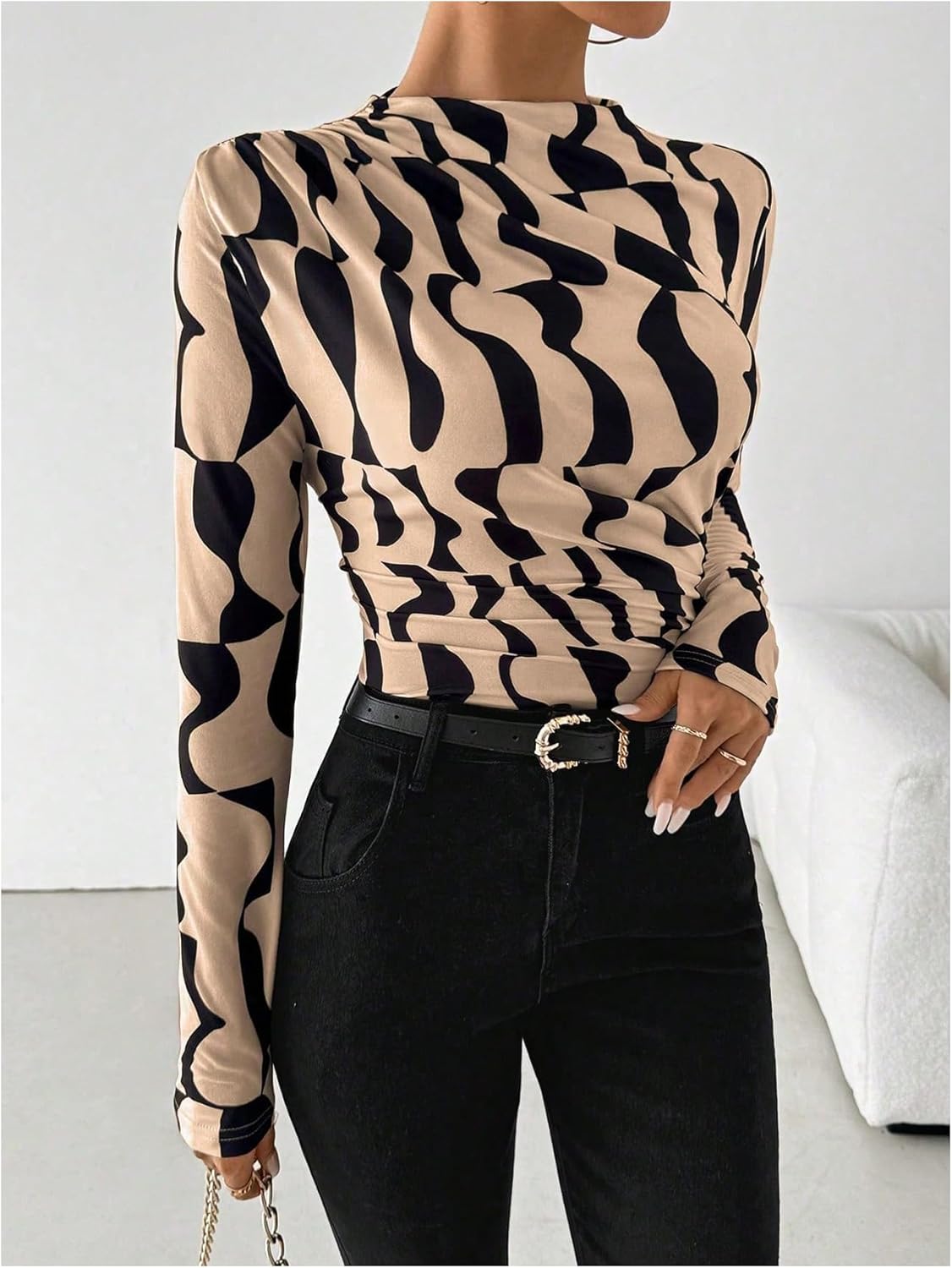 Women's Geometric Graphic Tops Mock Neck Long Sleeve T Shirts Fitted Fall Tops - Image 3