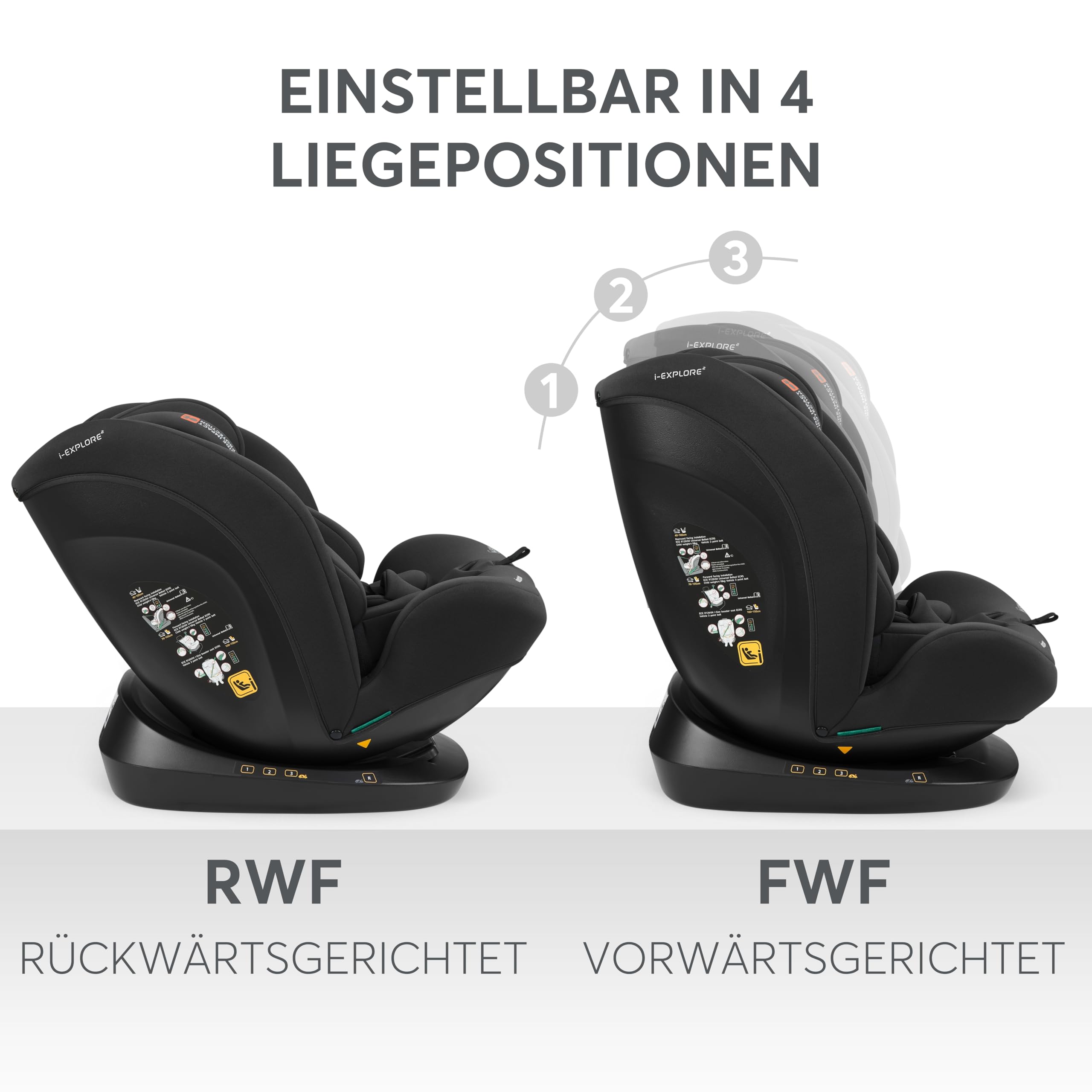 KikkaBoo Kindersitz 9-36 kg i-EXPLORE 2, 40-150 cm, Gruppe 0 1 2 3, i-Size, Rückwärts & Vorwärts, Liegesitz, 14-fach Kopfstütze, 5-Punkt-Gurt, Schwarz