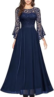 MISSMAY Women's Formal Lace Chiffon Bell Sleeve Wedding Party Long Dress