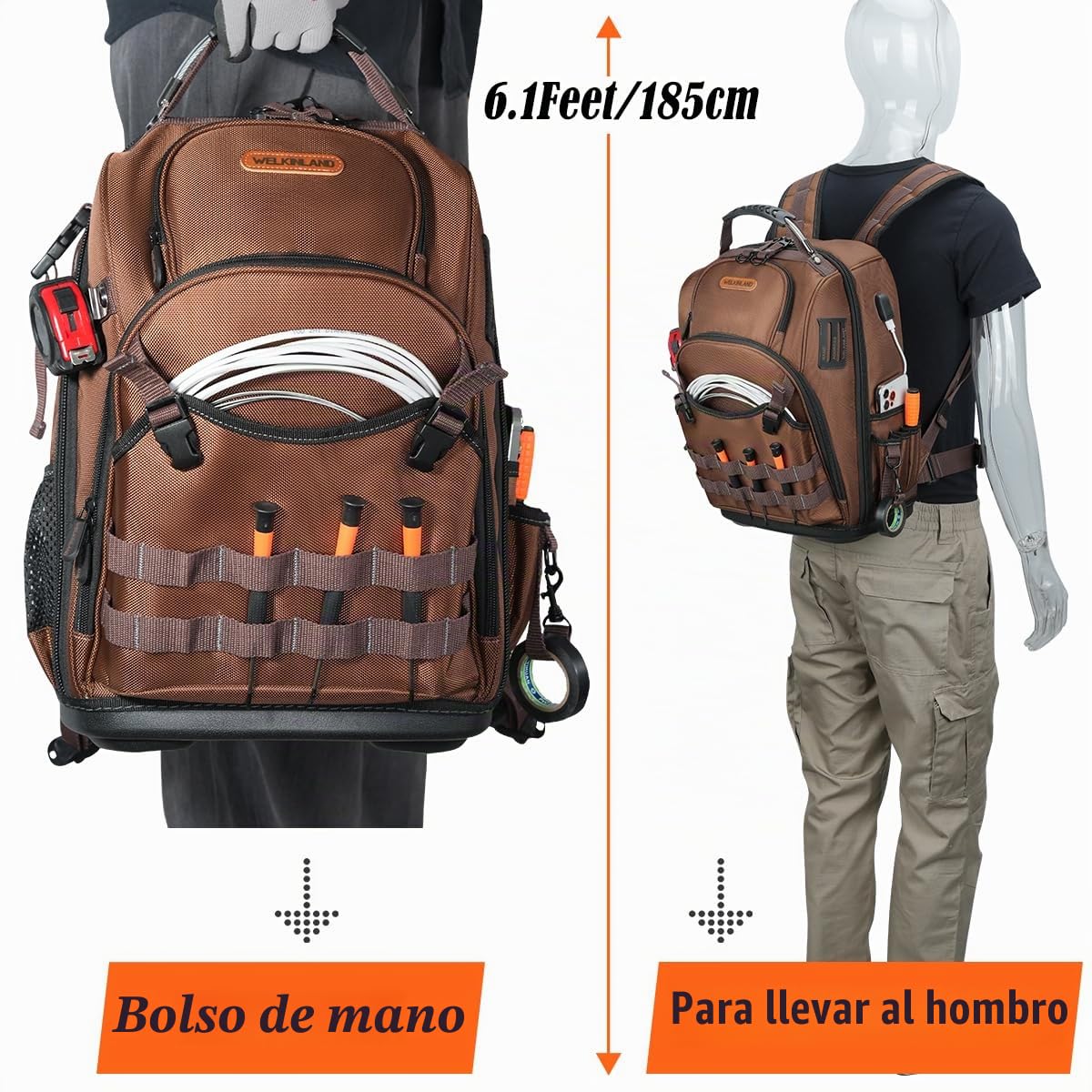WELKINLAND - Mochila HVAC de 70 bolsillos, mochila de herramientas de electricista resistente, mochila de herramientas de fondo duro para hombres, mochilas de herramientas impermeables para