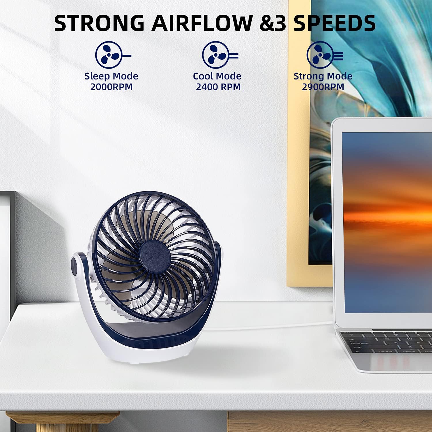 Small Desk Fan Quiet Table Fan with 3 Speeds Strong Airflow Personal Fan Adjustable Head 360°Rotation USB Portable Fan for Office Home Bedroom Desktop Bedside 5.1 Inch Blue