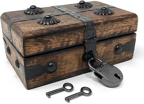 Nautical Cove Treasure Chest Wooden Box with Antique Iron Lock and Skeleton Key X-Small 5 x 3 x 2 - Storage and Decor Pirate Wooden Treasure Chest, Decorative Box with Hinged Lid,