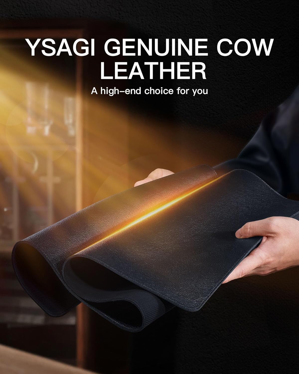 YSAGi Genuine Leather Desk Mat, 31.5"x15.8" Leather Desk Mat, Office Desk Pad, Thick Desk Pad with Stitched Line, Non-Slip Laptop Writing Pad with Rubber Base(Black, 31.5"x15.8")