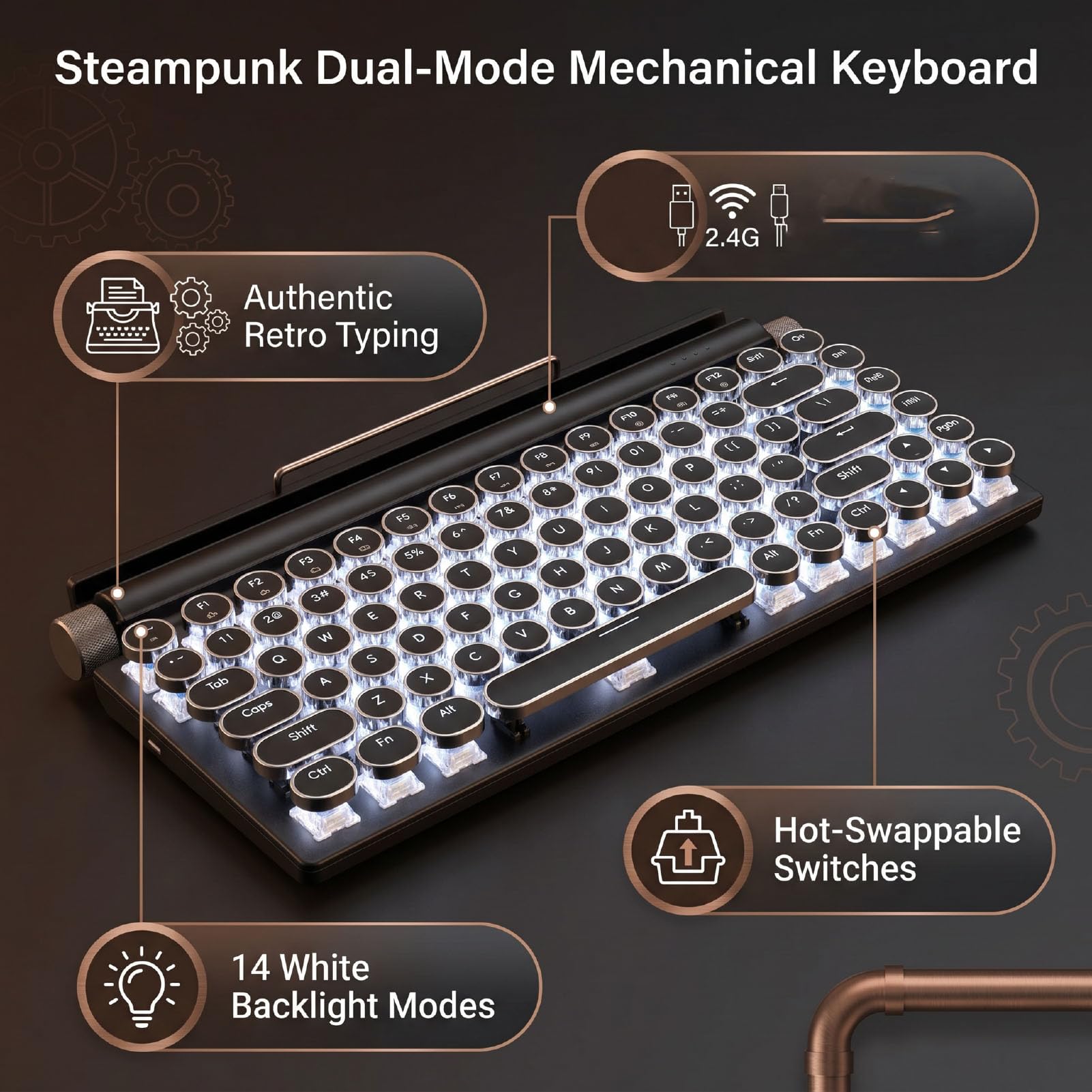 Bewinner Clavier de Jeu Mécanique Steampunk, 14 Rétroéclairage, 3 Modes