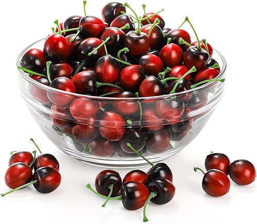ZEAYEA 150 cerezas artificiales rojas y negras, cerezas pequeñas realistas de simulación, cerezas de frutas falsas para el hogar, cocina, festival,