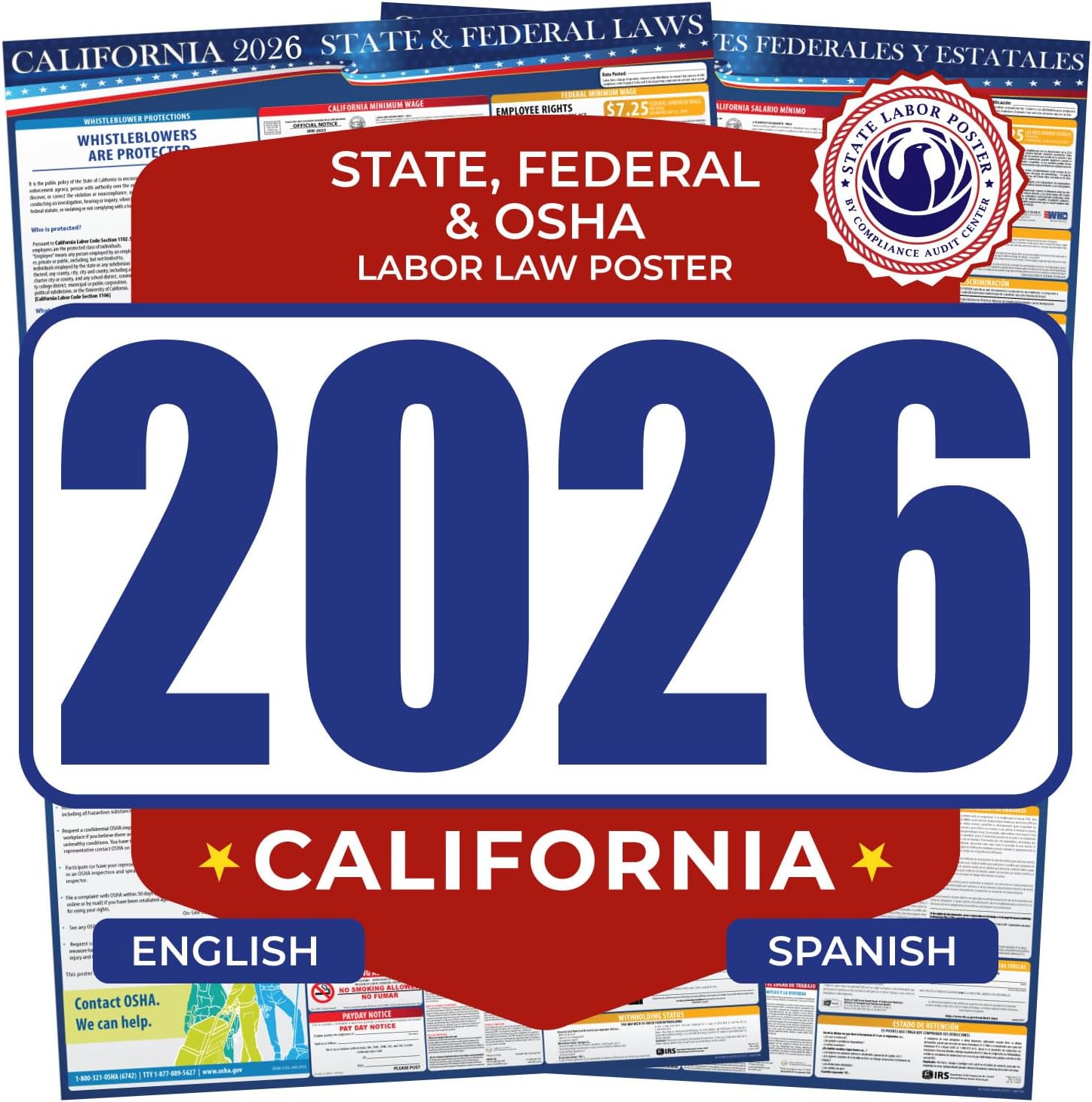 2026 California State and Federal Labor Law Poster - English Spanish Combo - OSHA Workplace Compliant - Mandatory Regulations Posting for Employees - All-In-One Required Compliance Posting 17" x 40" Laminated