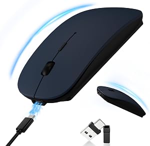 2026 Bluetooth Wireless Mouse with Jiggler, Silent Slim Rechargeable Mouse, USB-A/USB-C Receiver, Dual Mode BT5.2 & 2.4G, Adjustable DPI Optical Mouse for MacBook, iPad, Chromebook, Laptop, PC -Blue