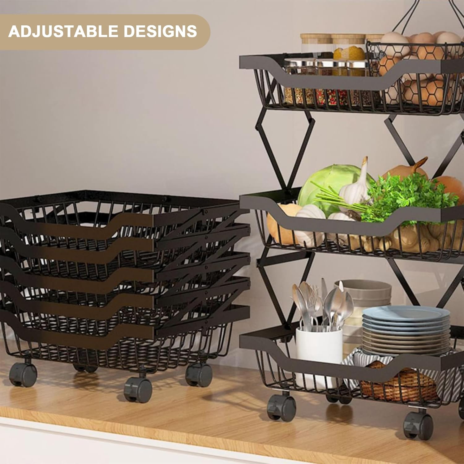 Fruit Basket for Kitchen, Heavy-Duty Metal Storage Rack on Wheels, Multi-Purpose Folding Basket Organizer Shelving for Kitchen, Bathroom, Bedroom, or Pantry, Adjustable & Space-Saving (4-Tier)
