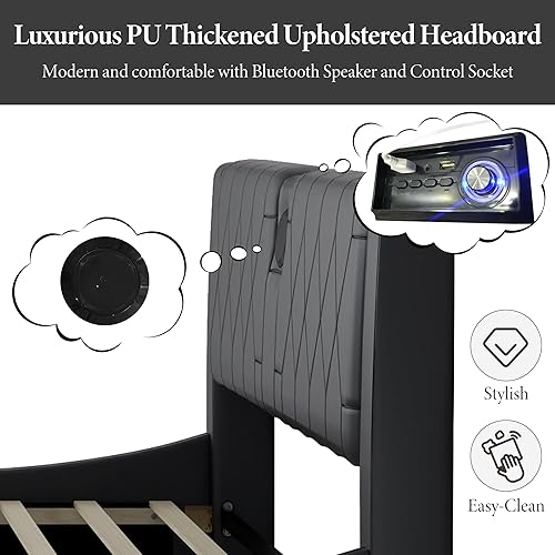 Miniatura 6 de Base de cama de plataforma tapizada tamaño Queen con luces LED debajo moderna de perfil bajo ondulado con cabecero, piel sintética, soporte de