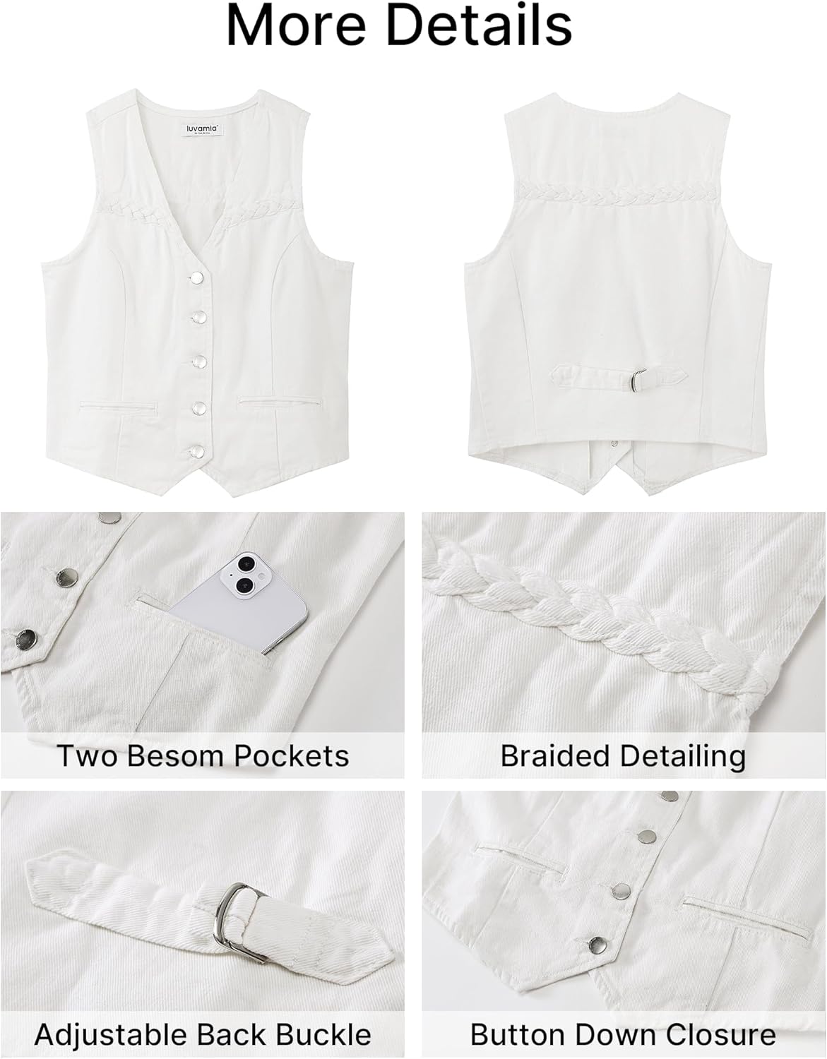 luvamia Denim Vest Women Trendy Button Down Braided Adjustable Waist Western Casual Sleeveless Jean Waistcoat Vests Top - Image 6