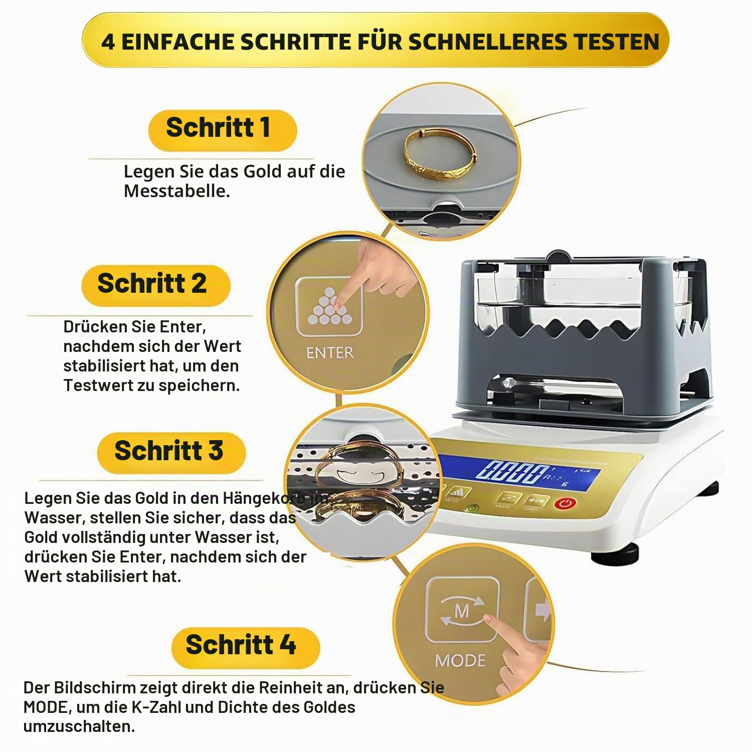 Goldreinheits-Analysegerät, Edelmetall-Analysegerät, Multimetall-Goldtester mit Dichte- und Reinheitsanzeige. Tragbar, für Gold/Silber/Platin/Palladium und Weißgold MDJ-300K