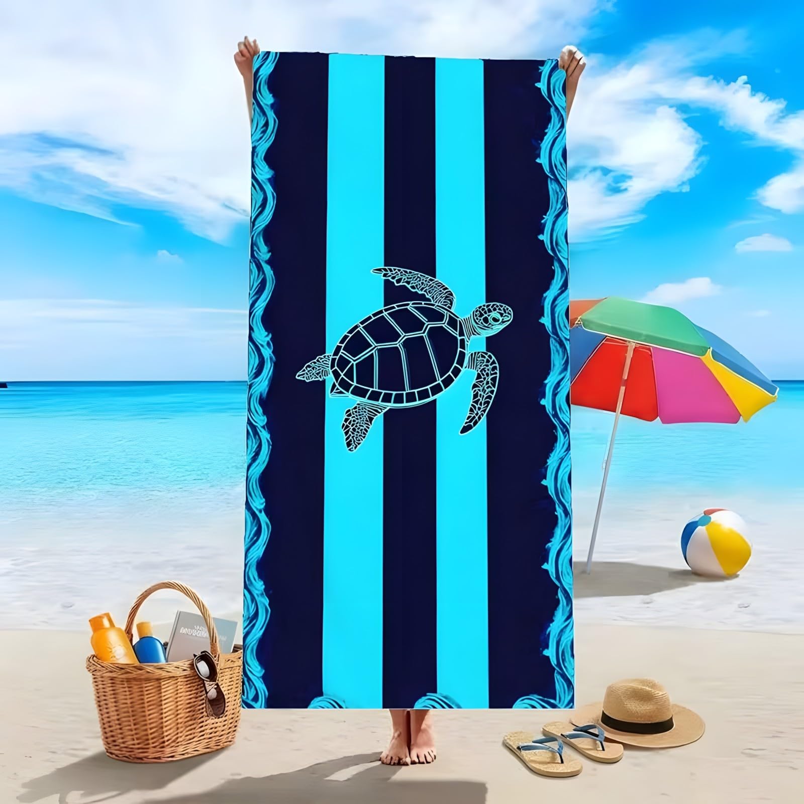 YZQGLHP Lines Microfibre Beach Towel Sea Turtle Beach Bath Towel Quick Drying, Lightweight, Sand-Free, Durable, for Pool, Gym, Camping, Travel Towel 90x160cm