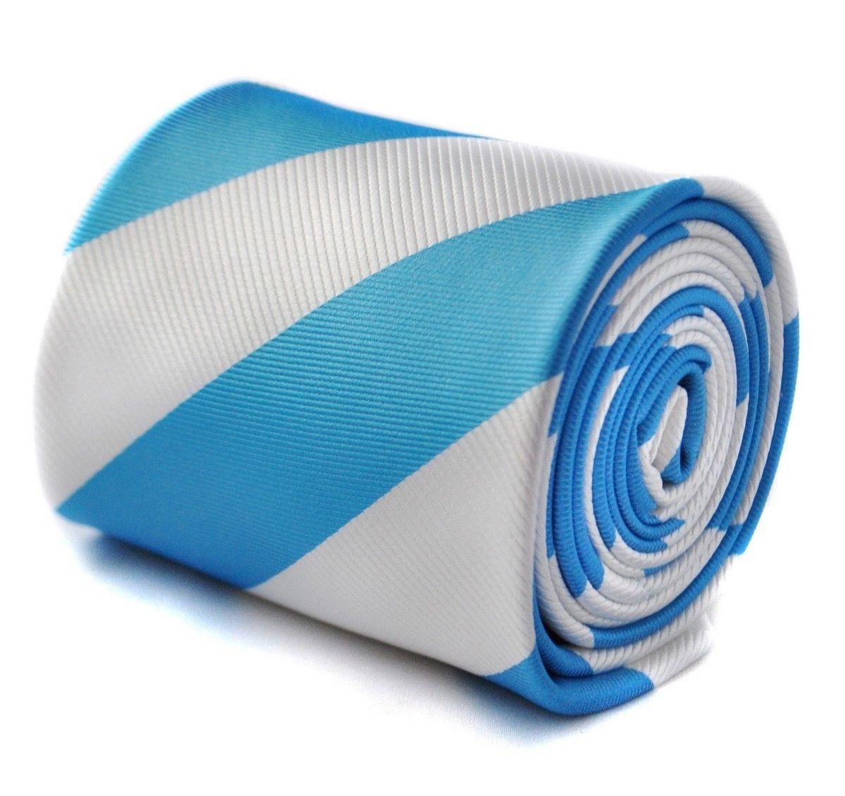 Frederick Thomas Medium Blue and White Barber Striped Tie with Rear Floral Design, Stylish and Premium Tailored, Classic 8cm Width, Ideal for Office, Weddings, Formal Events and Dinner Parties