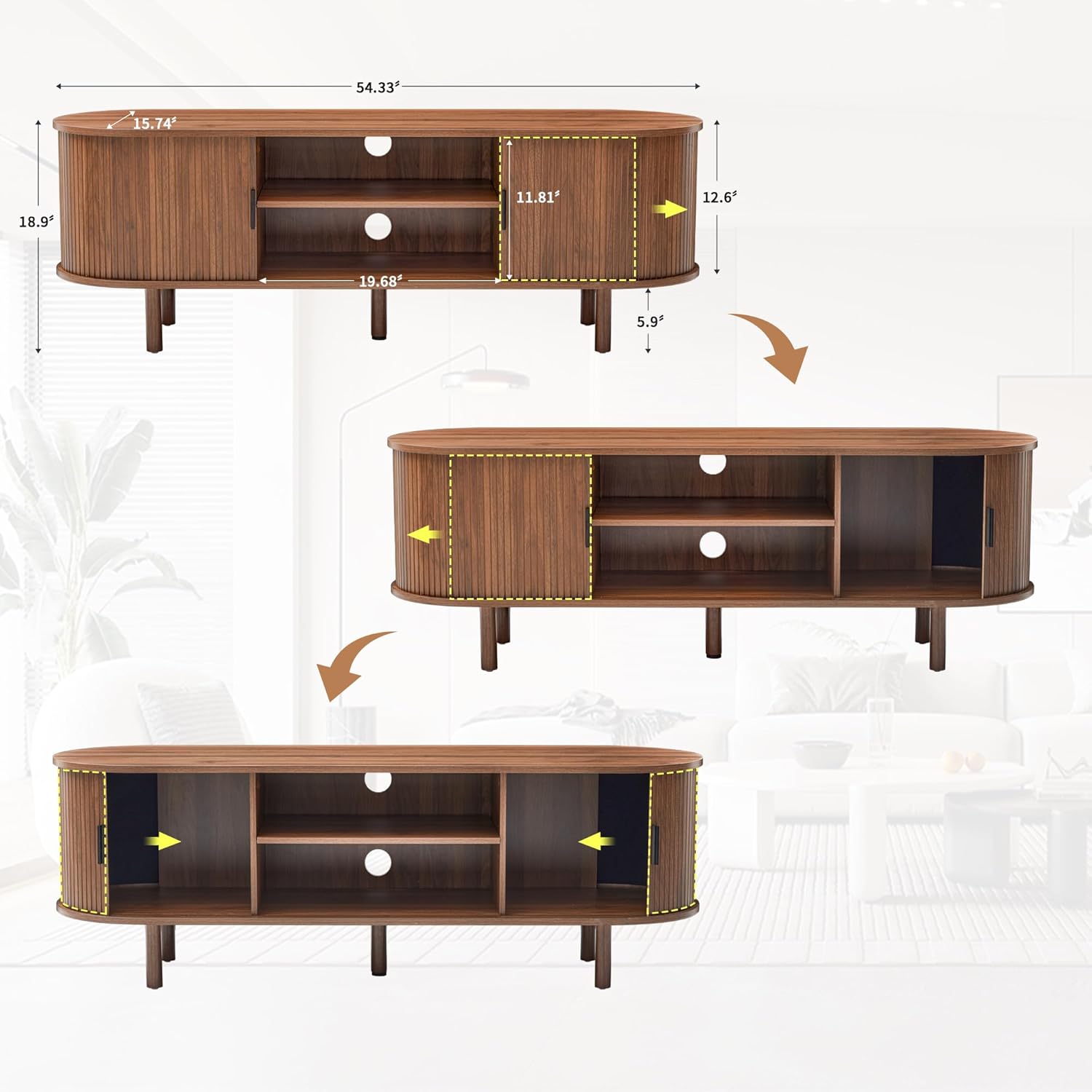 54" Tambour Door TV Stand,Wood Mid Century Modern TV Cabinet for Up to 65“ TV,Curved Edge Long TV Stand with Storage for Bedroom Living Room(Walnut, 54inch)