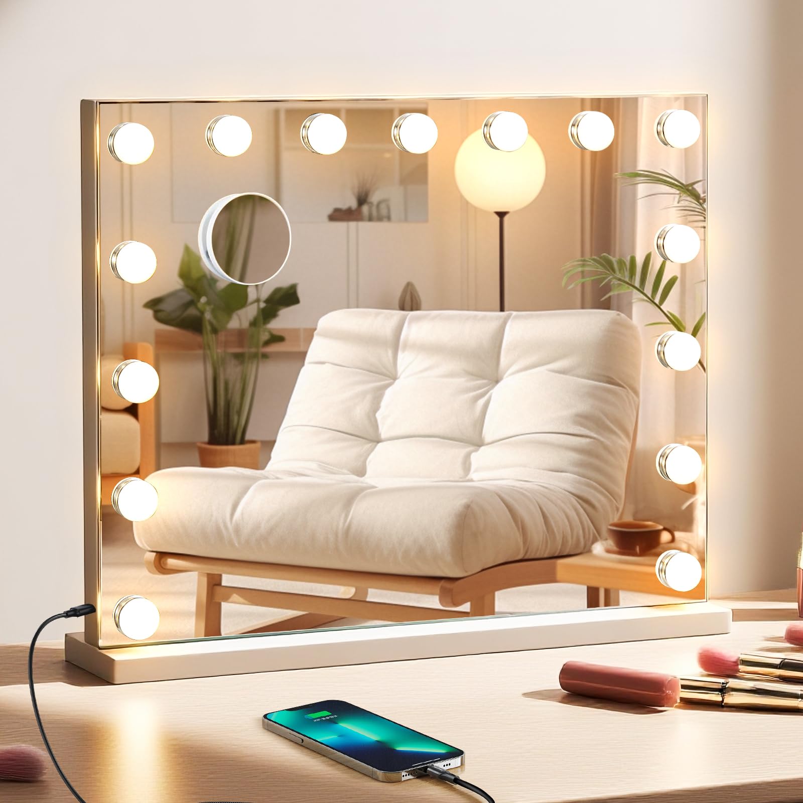 FIBRAVE Hollywood Vanity Mirror with Lights, 58×48CM Lighted Makeup Mirror for Desk/Wall Mount with 15 Led Bulbs, 3 Lighting Modes for College Dorm, Bedroom & Dressing Room(White)