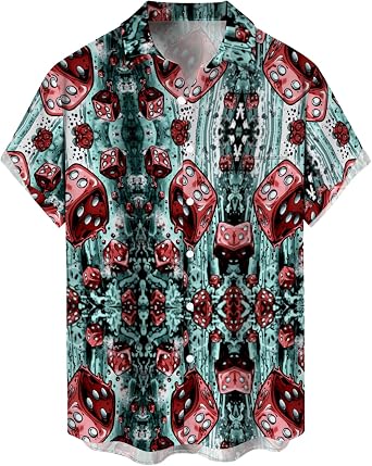 LIZALIG Colorful Lllustrated Dice Mens Loose Shirt Graffiti Style Button Holiday Casual Hawaiian Beach Painting Print