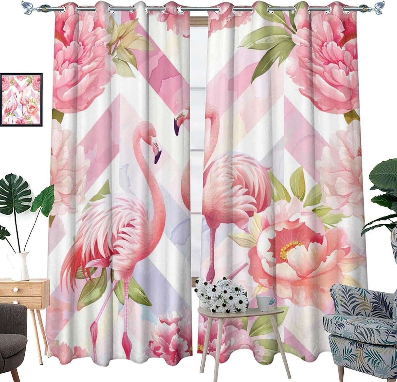 Flamingo Watercolor Blackout Curtains for Bedroom, Fantasy Peony Floral Plants Novelty Grommet Curtains Thermal Insulated Window Drapes for Living Room, 42W x 84L, 2 Panels