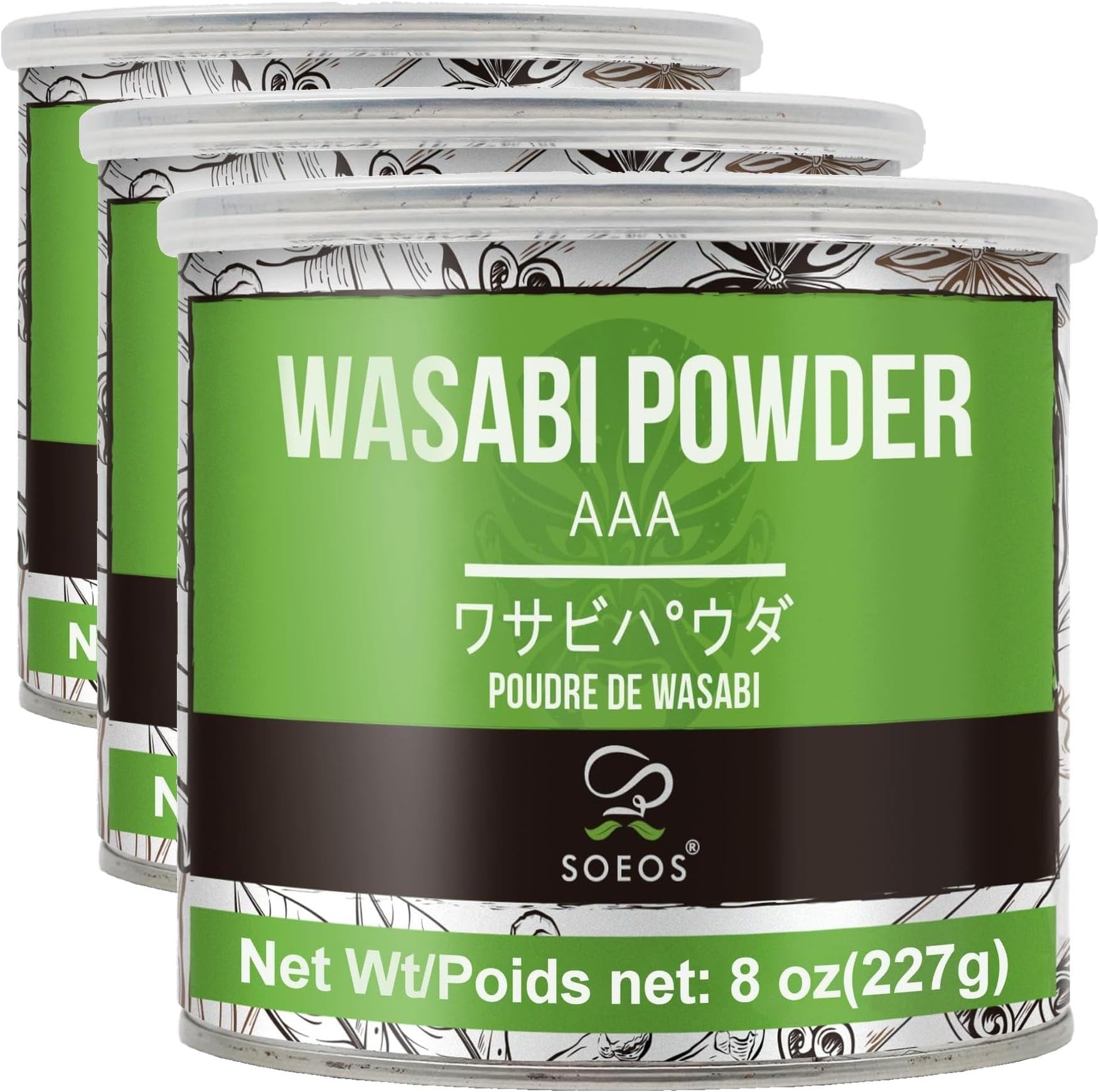 Soeos Premium Wasabi Powder 8oz (227g), with Real Wasabi, Grade AAA Powder, for Sushi, Sushi Powdered, Root Fresh Bulk., green (Pack of 3)