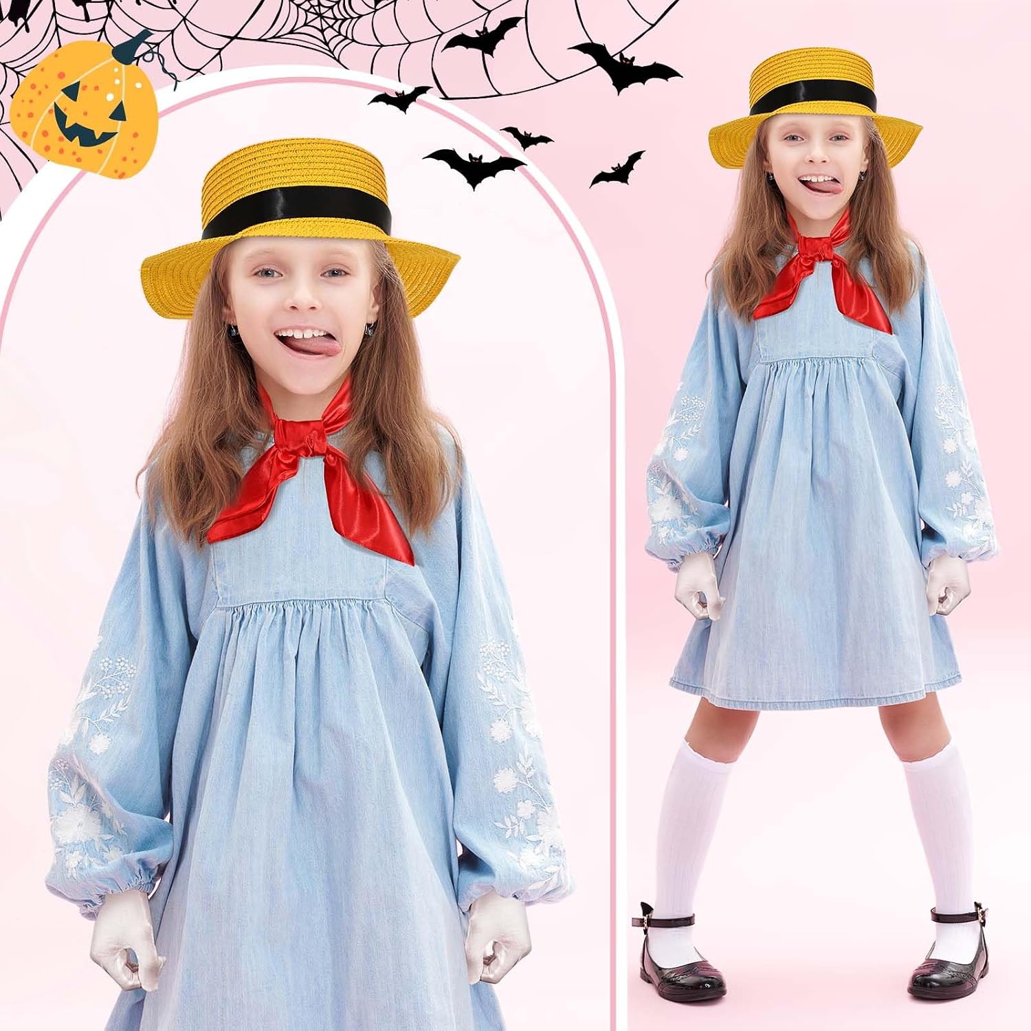 JcHrmers 4 Pcs French School Costume Accessories Set for Girls Kid Yellow Hat Red Satin Square Scarf White Socks Gloves