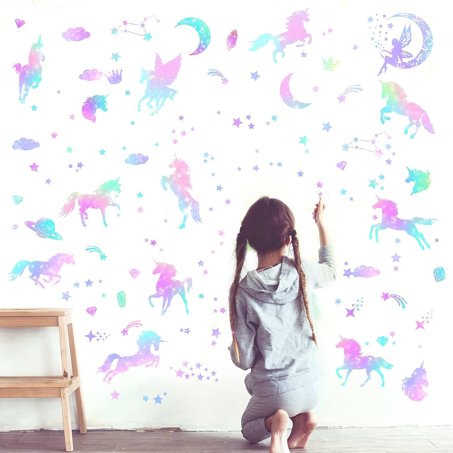 4 Sheets of Unicorn Peel and Stick Wall Decal Glitter Unicorn and Fairy Wall Stickers Cartoon Wall Decals Removable DIY for Bedroom Playroom Living Room Decor - Image 7